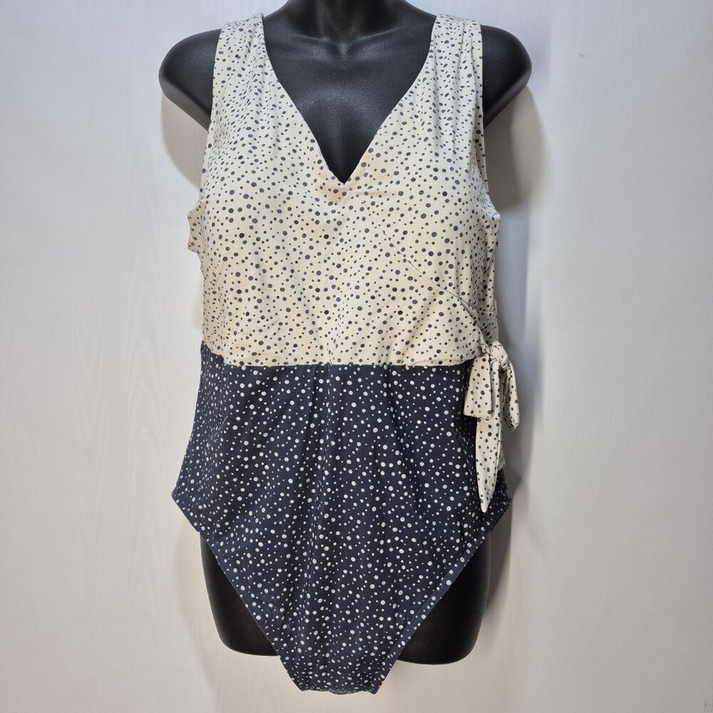 Calla One-Piece Blue White Polka Dots Swimsuit V-Neck Lined, Size 22